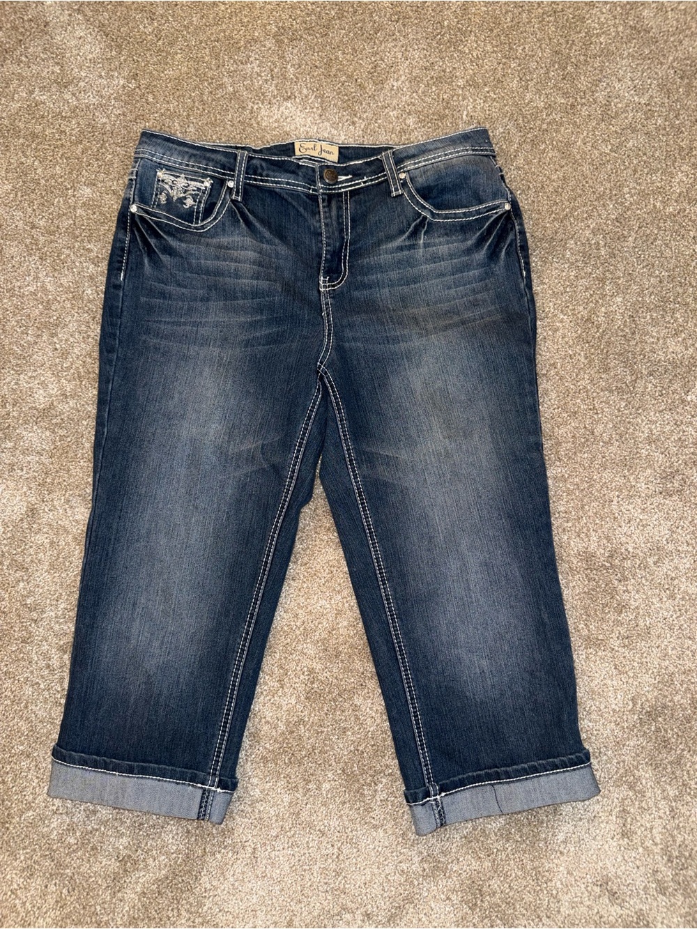 Earl Jeans Women’s Dark Blue Cropped Roll-Cuff Jeans with rhinestone details